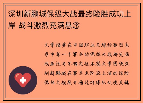 深圳新鹏城保级大战最终险胜成功上岸 战斗激烈充满悬念