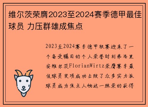 维尔茨荣膺2023至2024赛季德甲最佳球员 力压群雄成焦点